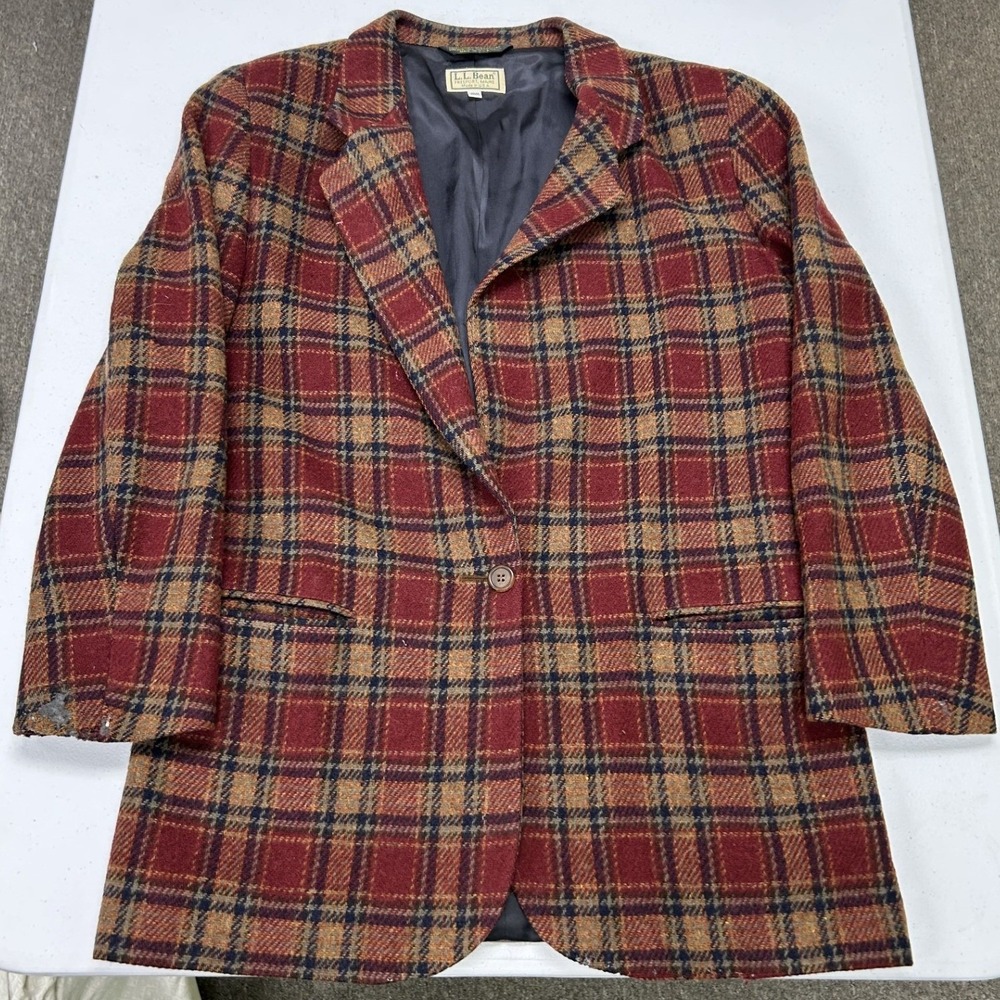 L.L. Bean Wool Blazer Womens 10 Reg Red Plaid Vintage Made in USA H508 01860